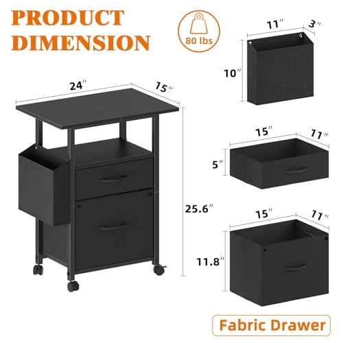 Cell 2-Drawer File Cupboard with 24” Prolonged Desktop, Rolling Design, Material Drawers, Facet Storage Bag, A4 Measurement Suitable, Superb for Dwelling Workplace, Black