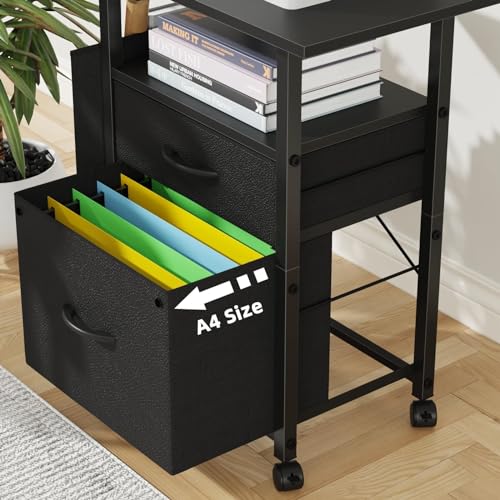 Cell 2-Drawer File Cupboard with 24” Prolonged Desktop, Rolling Design, Material Drawers, Facet Storage Bag, A4 Measurement Suitable, Superb for Dwelling Workplace, Black